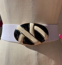 Vintage XL White Stretch Elastic Waist Belt Black Cream Enamel Buckle Glam 80s