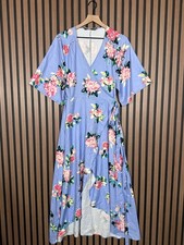 E. Ssue Wrap Dress Medium Womens Blue Midi Floral Satin Kimono