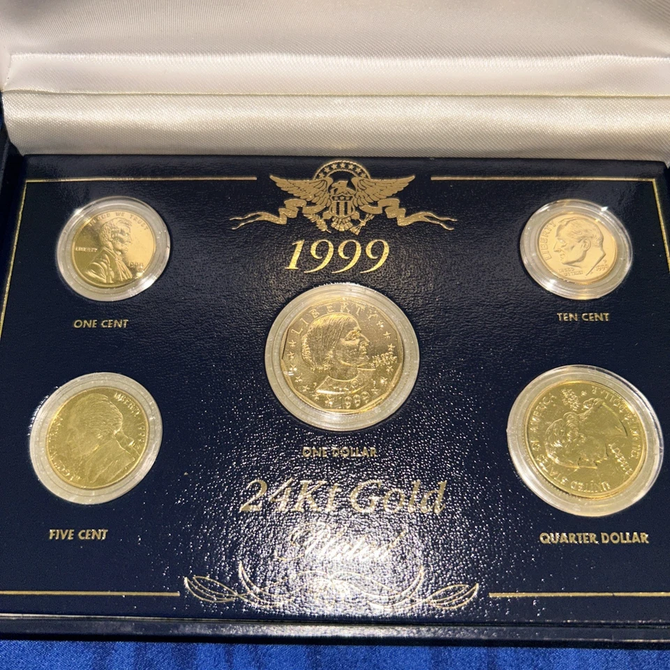1999 24kt Gold Plated US Mint Proof 5 Coin Set #048 Uncirculated Display Box - Image 2 of 4