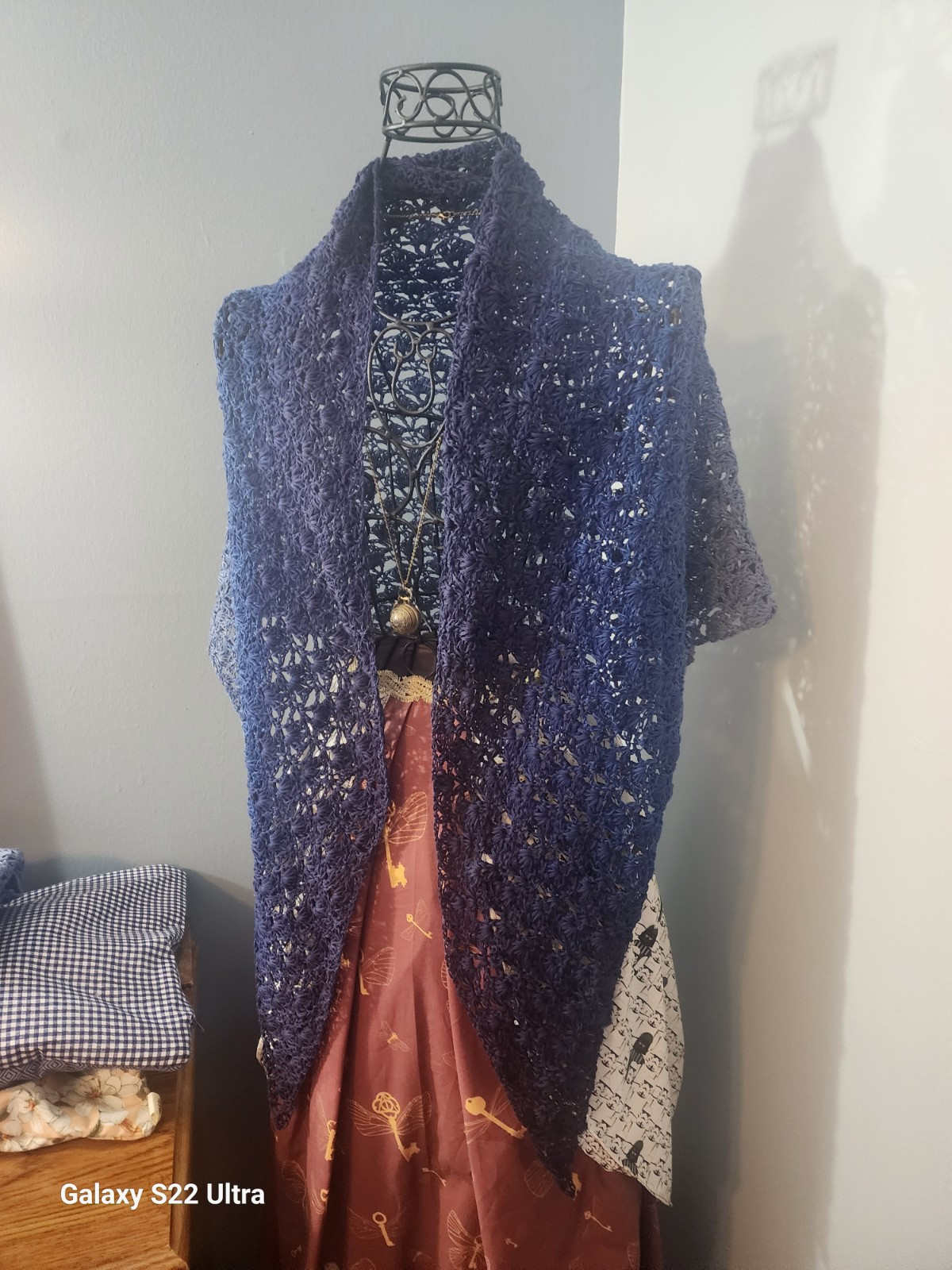 Handmade Blue Crochet Triangle Lace Shawl Wrap 80x52 100% Cotton