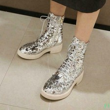 Women's Glitter Sequins Ankle Short Boots Stage Bling Lace Up Shoes Performance
