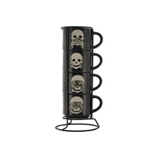 Halloween Skeleton Stackable Espresso Cup Set with Metal Rack Black Ceramic Mugs