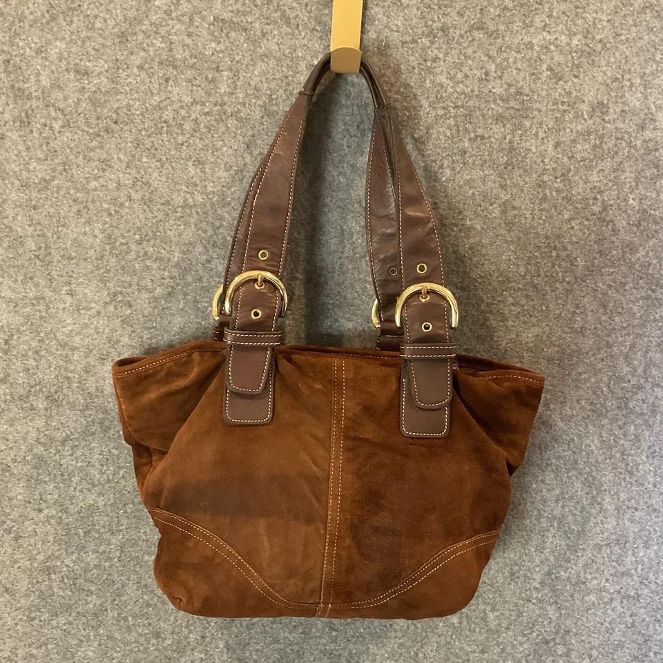 Bolso de Mano Cartera Coach 9522 Soho Marrón Gamuza con Borde de Cuero De Colección Foto 3 de 4