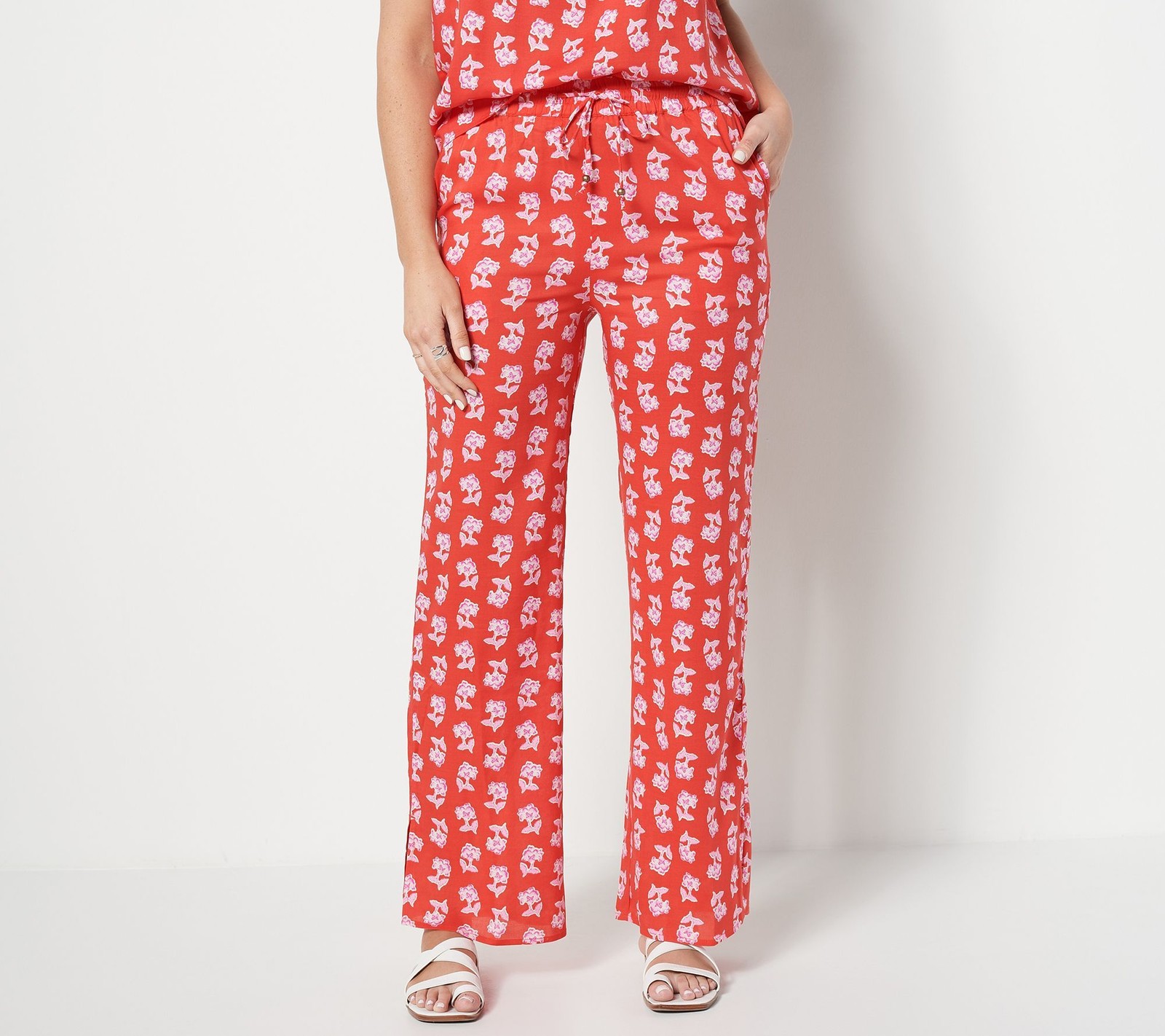 Candace Cameron Bure Women's Petite Pants PM Printed Wide-Leg with Red A488229