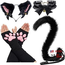 Cat Paw Costume - Cute Paw Toe Beans Gloves Socks with Ear Tail 4 Pcs Black