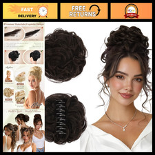 100 Real Human Hair Claw Clip Messy Bun Extension - Dark Light Brown Wavy Upd