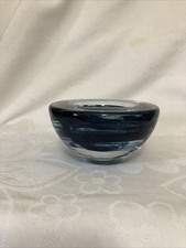Kosta Boda Sweden Art Glass Inky Blue Swirl Votive Tealight Candle Holder Bowl