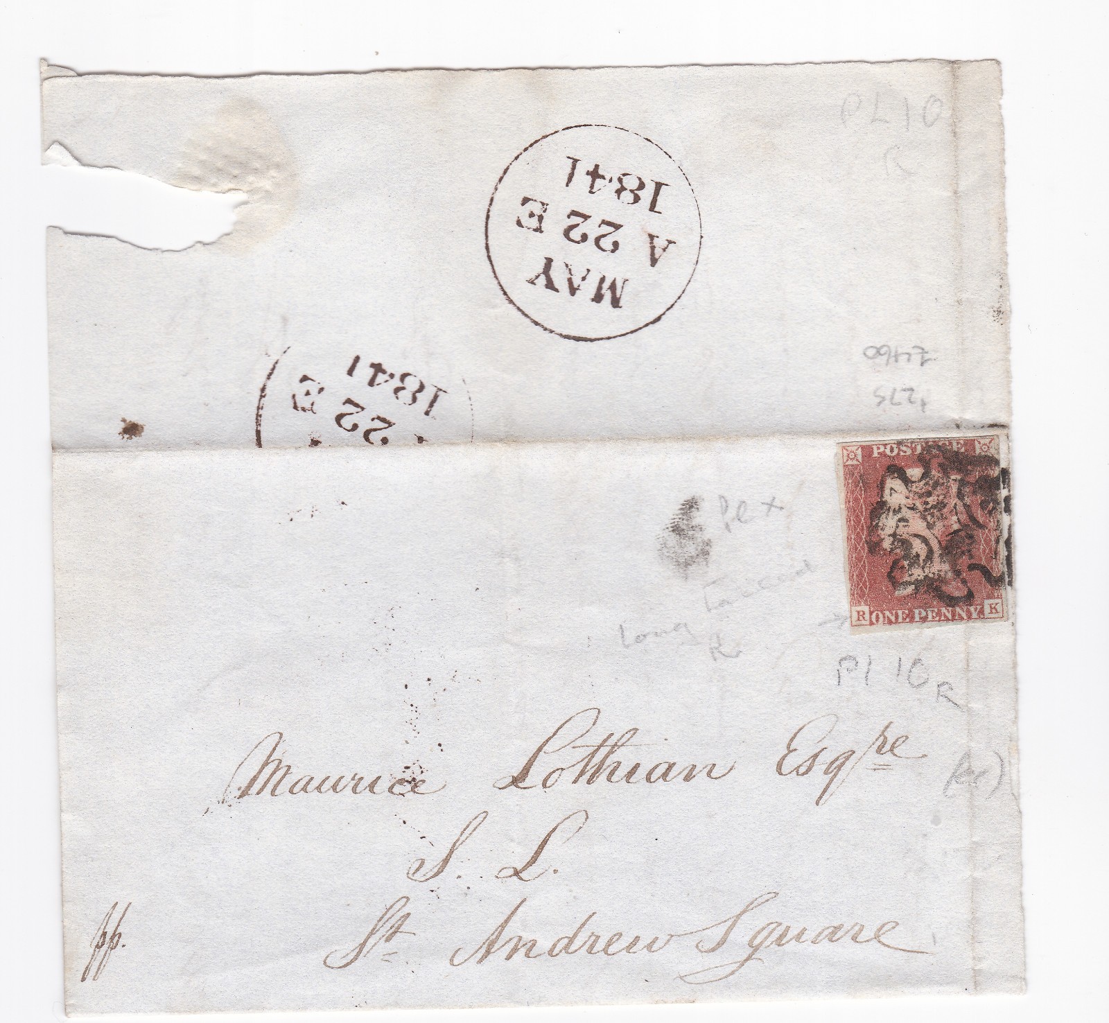 1841 QV FINE 1d PENNY RED STAMP BLACK PL10 EDINBURGH MX MALTESE CROSS ON ENTIRE