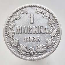 1866 Imperial Russia Finland 1 MARKKA Mark Silver Coin Alexander III Era KM# 3.1