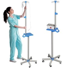 Rolling IV Pole with Tray - Stainless Steel 4 Hooks IV Stand with Wheels Heig...