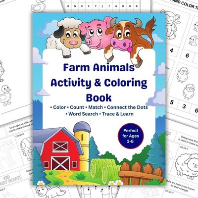 Farm Animals Activity & Coloring Book for Kids-Educational Printable Worksheets
