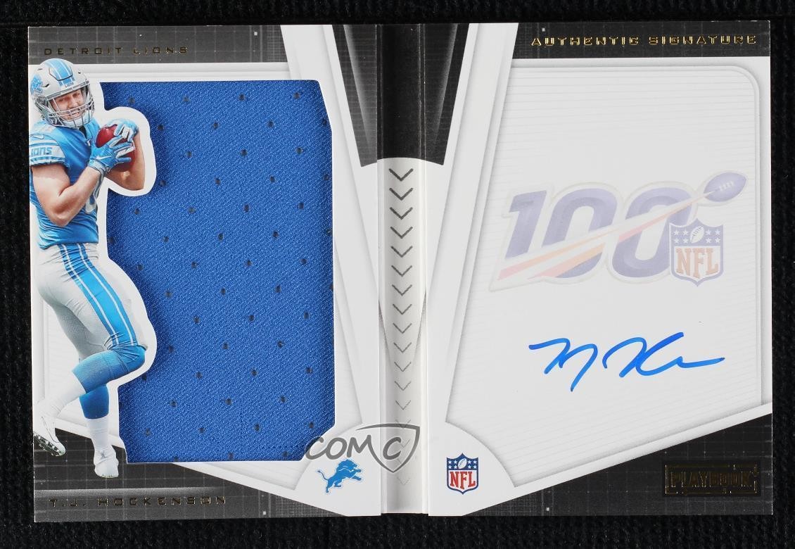 2019 Panini Playbook Jersey Gold 3/125 TJ Hockenson #221 Rookie Auto RC 4at