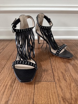 Black Ragazza Heels Made In Italy Size 37 Genuine Leather Fringe Studded US 6.5