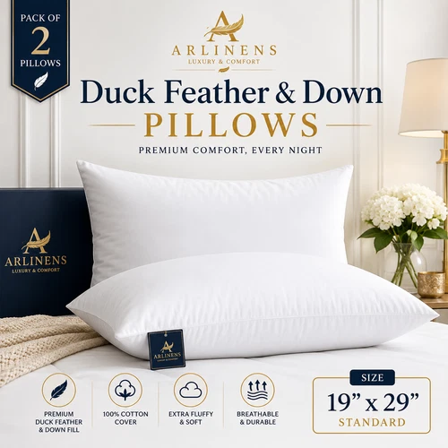 Pillows Duck Feathers & Down Antiallergenic Hotel Quality Extra Filled Pack of 2