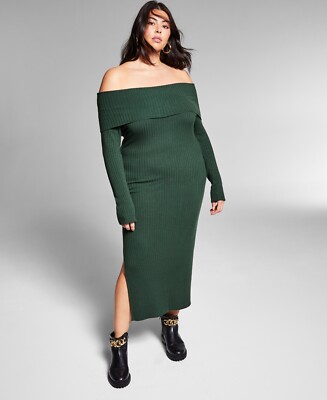 MSRP Jeannie Mai Inc Plus Size Off-The-Shoulder Dress Green Size 1X