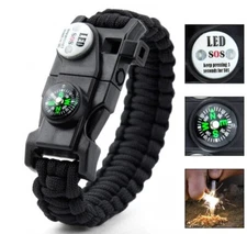 Paracord Survival Bracelet Fire Starter, Compass Whistle SOS Led Light, USA SHIP