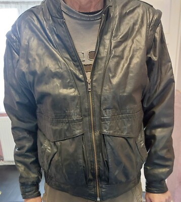 M&S St Michael Vintage Black Leather Jacket Gilet M 38-40