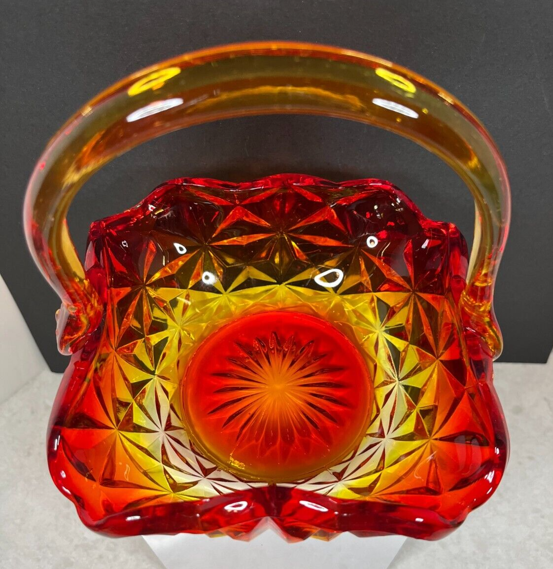 Vintage Amberina Red Orange Glass Diamond Design Handle Basket