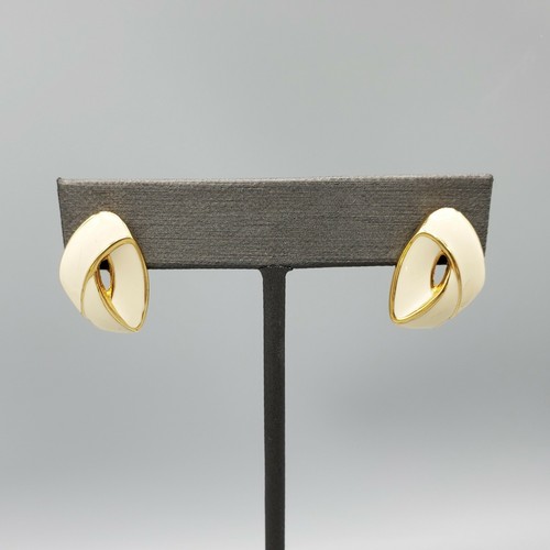 80's Monet Cream Enamel Gold Plated Triangle Knot Clip Earings