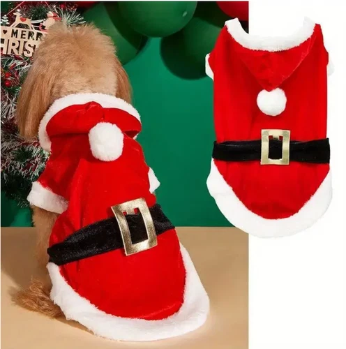 Santa Claus Dog Costume, Breed Pet Clothes, Christmas Hood &Rope Closure