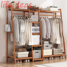 Wooden Clothes Hanging Coat Stand Shoe Rack Shelve Storage Open Wardrobe