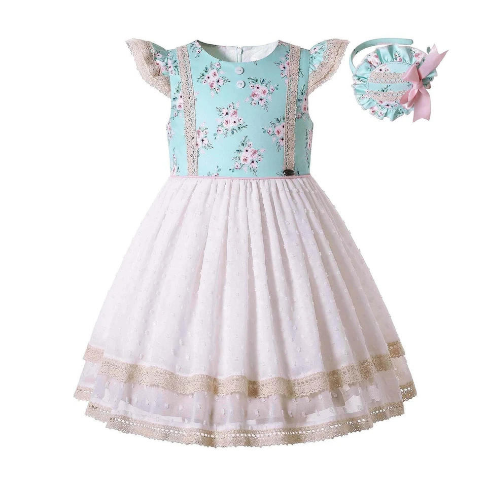 Girls Princess Dress Size 2-8 10 12 Summer Floral Dress Bow Decor w/ Headband - Изображение 2 из 4