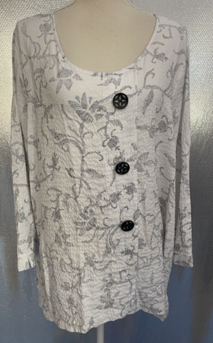 Ali Miles Top Womens Plus Sz 1X Art to Wear White Floral Asymmetrical Button