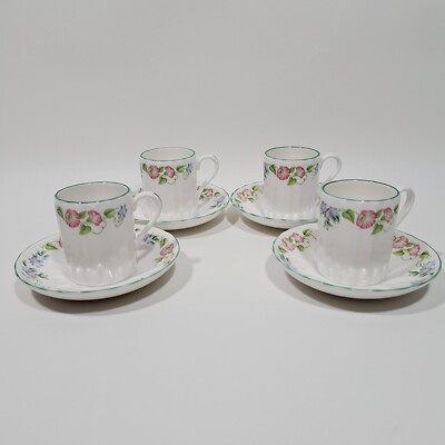 Royal Worcester ENGLISH GARDEN Green Trim Demitasse Cups and Saucers Set of 4