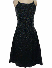 Vintage Scala Black Beaded Spaghetti Strap A-Line Knee Dress Party Size M
