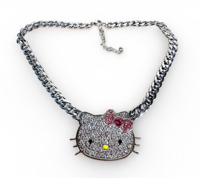 Sanrio Hello Kitty 2013 Crystal Rhinestones Pave Necklace Silver Tone Cuban Link