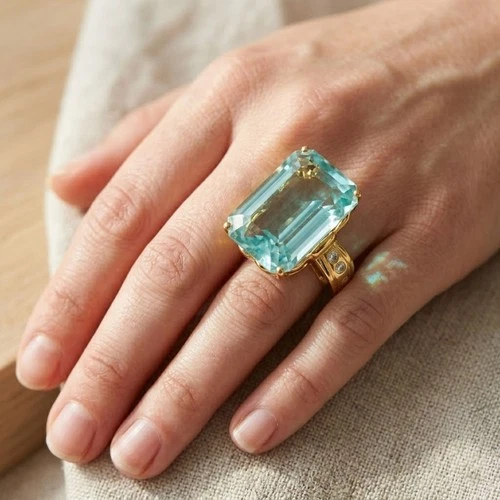 Gleaming Sky Blue Aquamarine 19.30Ct 925 Sterling Silver 24K Gold Ring Size 6.75
