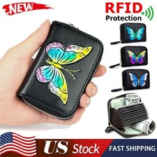 Women RFID Blocking Credit Card Holder Genuine Leather Zipper Accordion Wallet