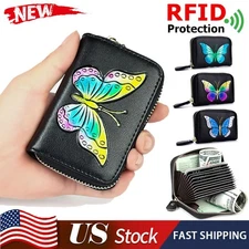 Women RFID Blocking Credit Card Holder Genuine Leather Zipper Accordion Wallet