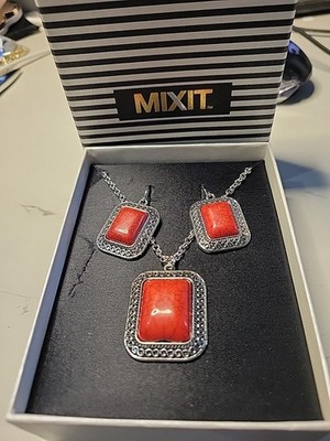 New In Box Mixit  Red Howlite Sivertone Necklace And Earrings Set.
