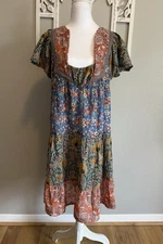 The Jaipur Art Hand Block Print Cotton Tiered Midi Dress Boho Blue Orange Sz S