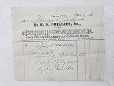 1883 antique HJ PHILLIPS hanover nh COFFINS CASKETS FURNITURE UPHOLSTERY invoice