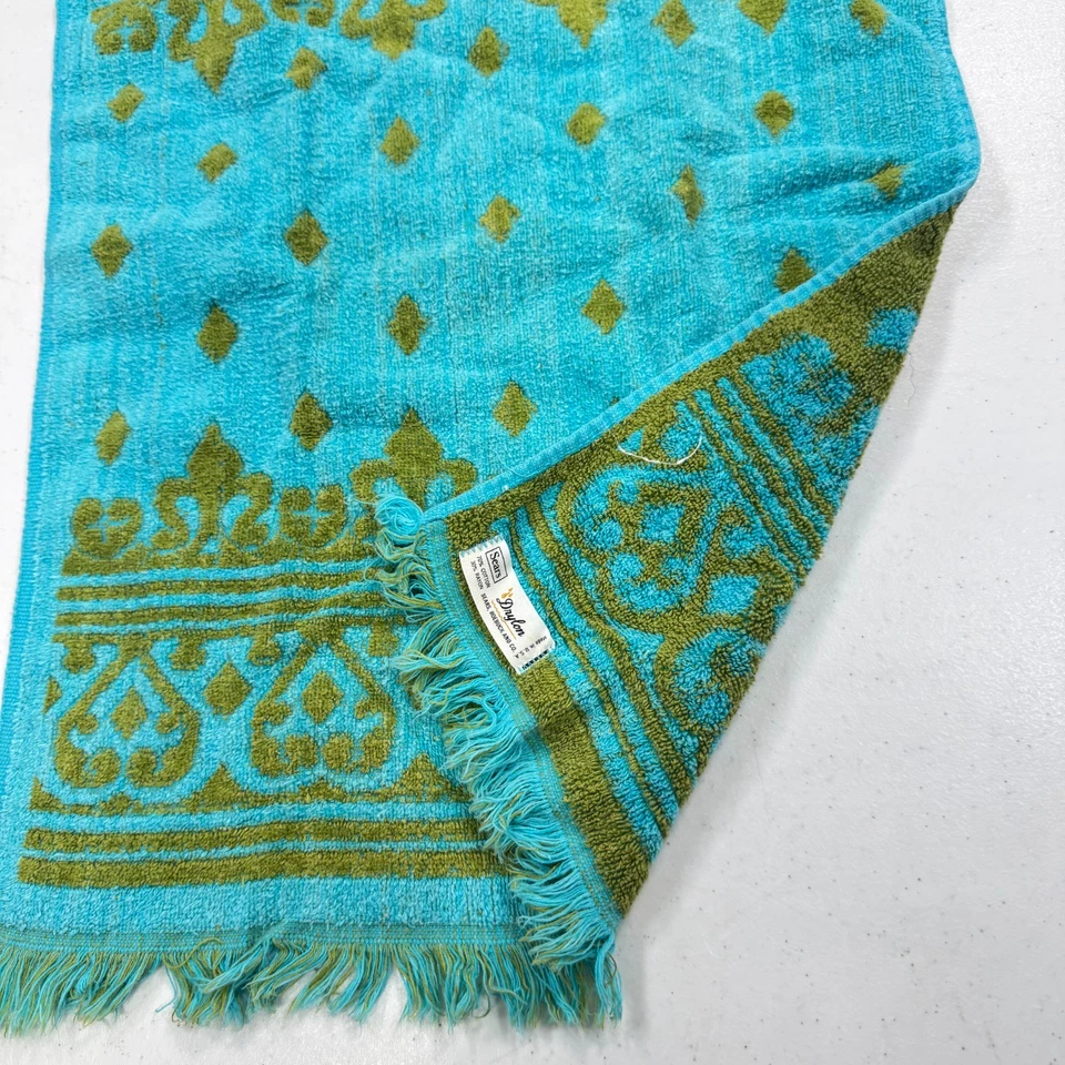 винтажный sears мочалка полотенце зеленый синий цветочный бахрома хлопок прямоугольник mcm сша - Изображение 4 из 4