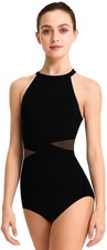 Women Halter Neck Dance Leotard Mesh Ballet Leotards for Adult, Asymmetric Sp...