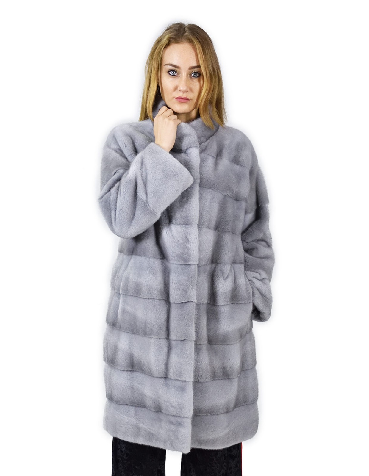 46-inch Horizontal Mink Sapphire Coat with Korean Collar in Luxe Fourrure de Vison Mink