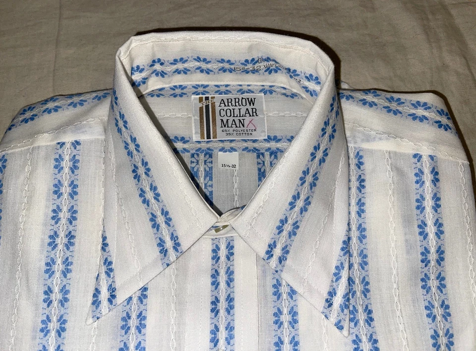 NUEVA Camisa de Vestir De Colección Años 70 Flecha Manga Larga Azul Geométrica Rayas Para Hombres Talla M Foto 3 de 4