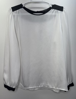 Sandro Studio White LS Blouse Black Detail Minimalist Capsule Preppy Classic L