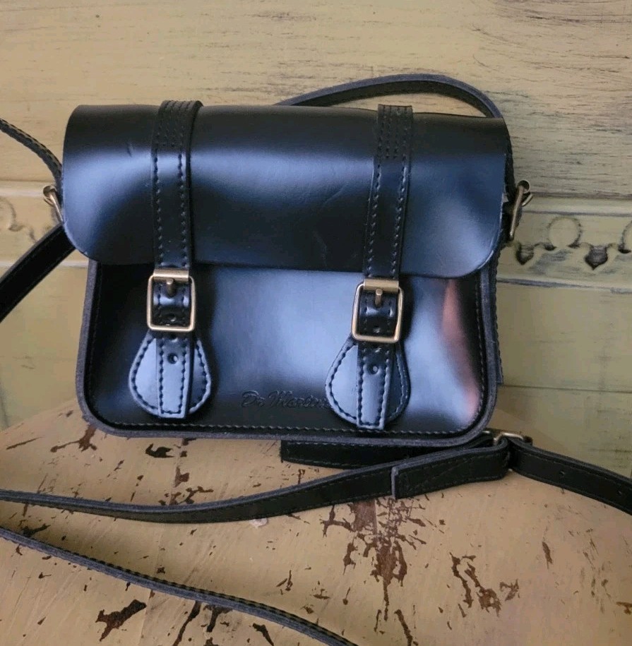 New Doc Dr Martens Black 100% Leather 7-in Buckle Satchel