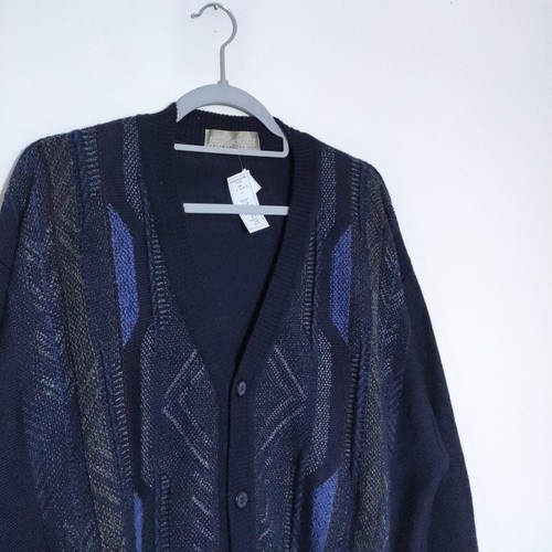 Vintage Wool Knitted Mens Italian Cardigan Size 3 XL Large Navy Blue
