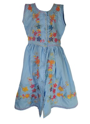 Robe Artisanale Brodée Fille Taille 4 - Fabrication Nicaragua - Col Bateau Bleue