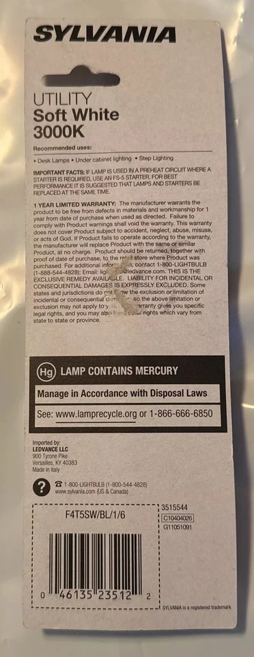 UTILITY Soft White 3000K Sylvania T5 Bulb 130 Lumens 6” New - Image 3 of 4