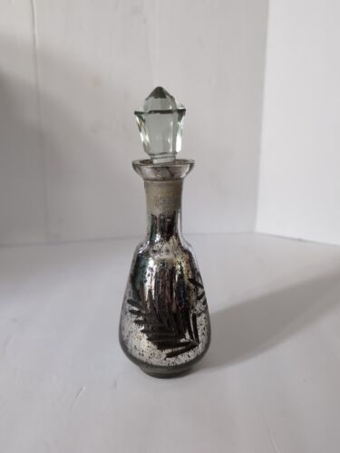 Vintage Mercury Glass Bottle Decantur Crystal Stopper Gold Fern Design