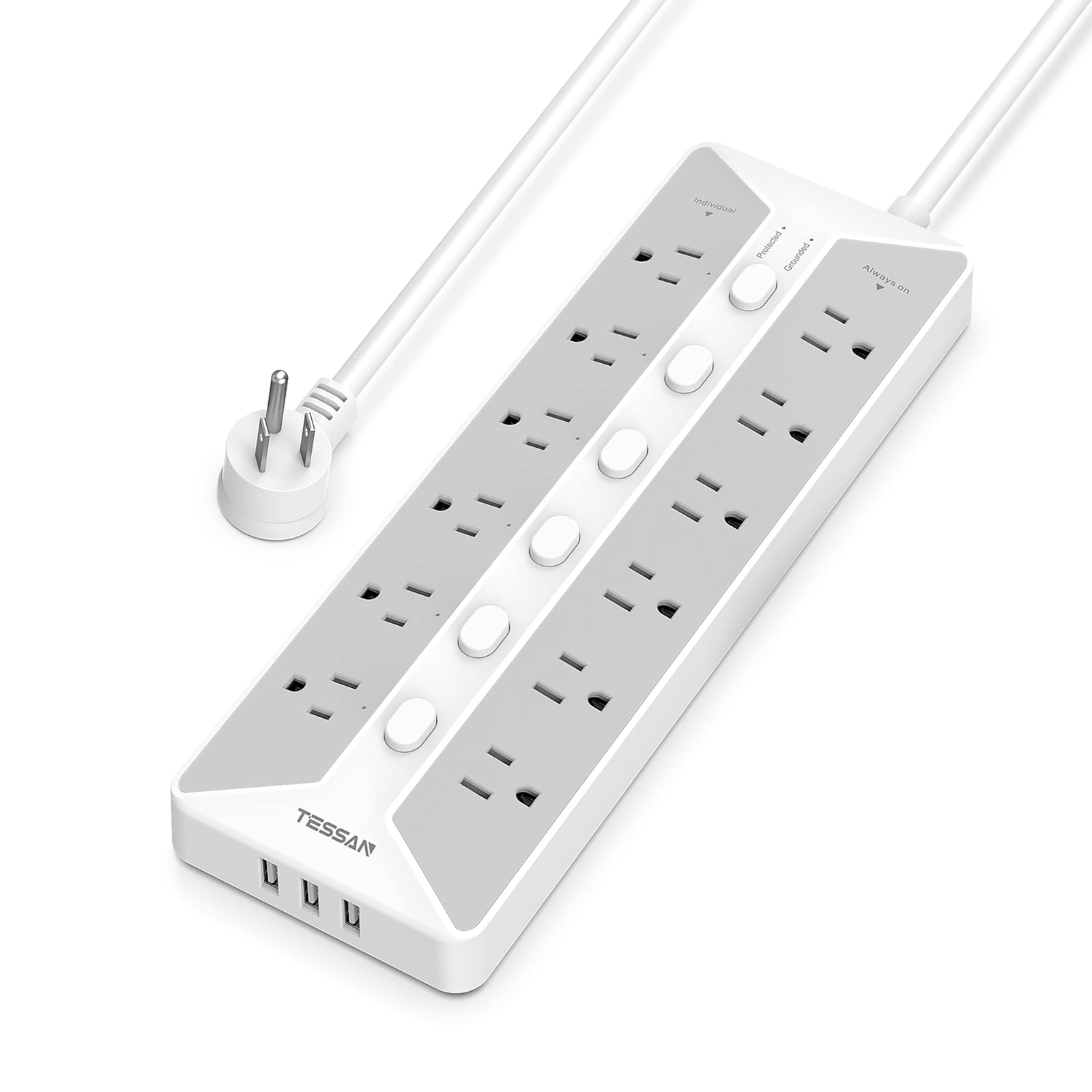 Power Strip with USB, Individual Switches, 12 Outlets and 3 USB Ports, Long E...
