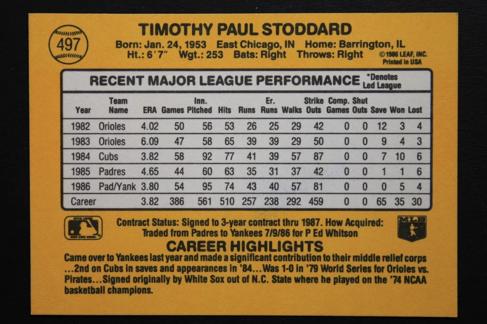 Tim Stoddard New York Yankee Autographed 1987 Donruss #497 Signed Baseball Card  - Image 2 of 3