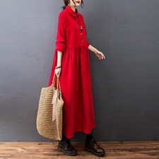 Lady Dress Long Retro Corduroy Big Swing Casual Warm A-line Loose Soft Dress
