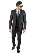 Slim Fit Men Suit 3 Piece Vested Solid Black Notch Lapel Double Vents AZAR MAN